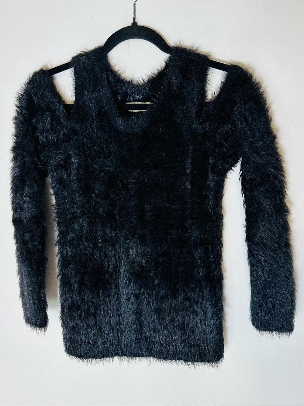 Vintage Y2K Hollister Black Shaggy Eyelash Knit Cold Shoulder Sweater M